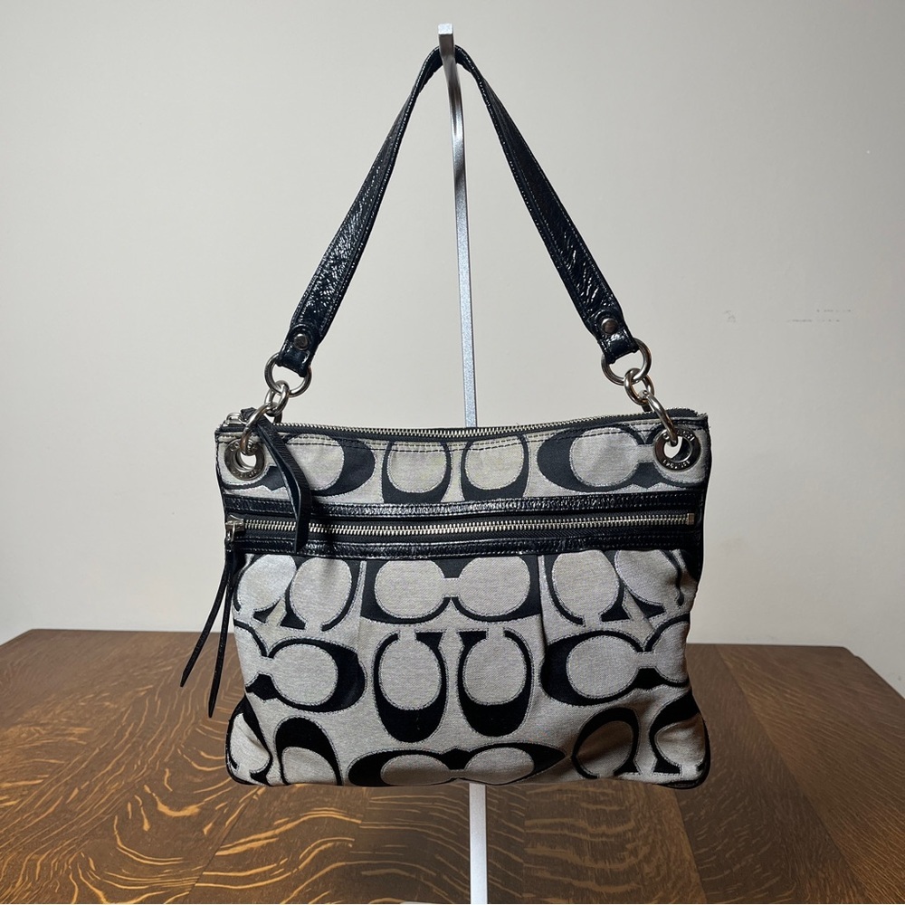 Coach Poppy Black and Gray Signature C CanvasShoulder Bag with Leather Trim - Picture 1 of 9